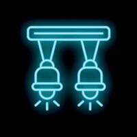 Neon blue icon of two hanging lights shining on black background vector