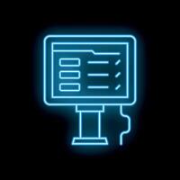 Neon icon of a computer monitor displaying folders and files on black background vector