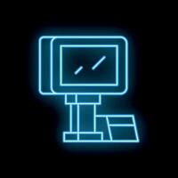 Neon icon of computer showing growing chart on black background vector