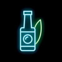 Bright neon icon of a bottle of olive oil with a green leaf vector
