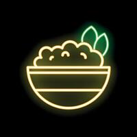 Neon icon of a bowl overflowing with delicious food garnished with herbs vector