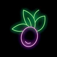 Neon sign showing a smiling plum with green leaves on a black background vector