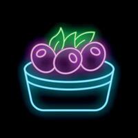Neon sign of a bowl full of olives with leaves glowing on black background vector