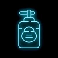 Blue neon sign showing a bottle of shampoo or shower gel on a black background vector