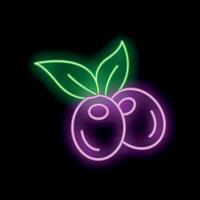 Neon sign illustrating two ripe olives with leaves on black background vector