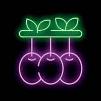 Neon icon of three plum fruits hanging from a branch with leaves vector