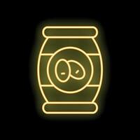 Glowing neon line icon of a barrel with olives on a black background vector