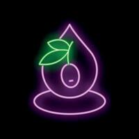 Neon sign showing a drop of olive oil with olive and leaves on black background vector