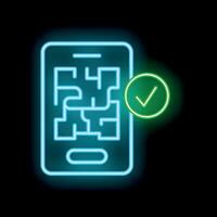 Neon icon of smartphone showing location tracking app with a check mark vector