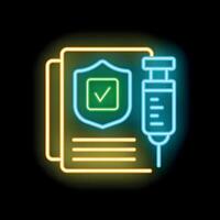Neon icon of vaccination document with shield and syringe vector