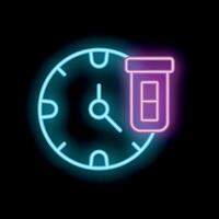 Neon clock showing time passing with medical pill bottle icon vector