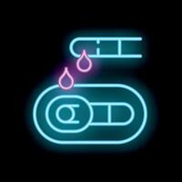 Neon icon of blood dropping on glucose test strip for diabetes control vector