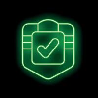 Green neon shield validated icon showing checkmark symbol vector
