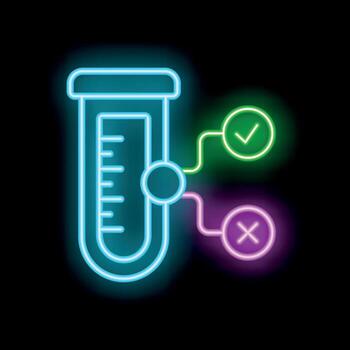Neon science experiment icon showing a test tube connected to a checkmark and an x mark vector