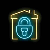 Neon icon of a padlock protecting a house symbolizing home security vector