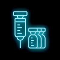 Neon style icon of syringe and medical vials glowing on black background vector