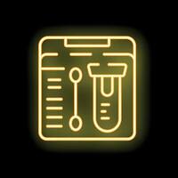 Neon icon showing medical analysis results on clipboard with test tube and data table vector