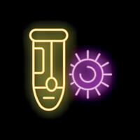 Neon icon of medical test tube with blood sample and virus vector