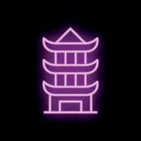 Neon sign representing a pagoda tower shining on black background vector