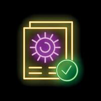 Neon icon of documents confirming sun safety for summer vacation vector