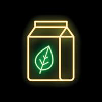 Glowing neon icon of a milk alternative product in carton pack with leaf sign, isolated on black background vector