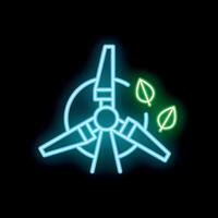 Neon wind turbine generating renewable energy icon with leaves vector