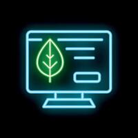 Neon icon of computer displaying green leaf for online ecology information vector