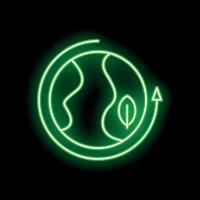 Green neon icon of earth surrounded by circular arrow and leaf vector