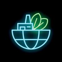 Neon icon of factory with leaves growing from it on half earth background vector