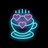 Neon cup of coffee with steam of hearts on black background vector