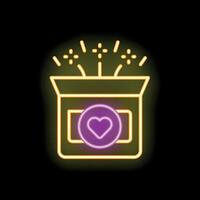 Neon icon of surprise gift box exploding with love and sparks on black background vector