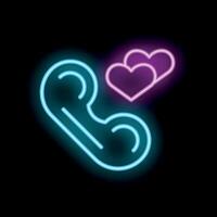 Neon phone receiver symbol with hearts floating above on black background vector