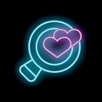 Neon magnifying glass showing two purple hearts on black background vector