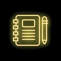 Yellow neon notebook and pen icon on black background vector