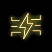 Neon yellow lightning bolt electricity icon striking through circuit board lines on black background vector