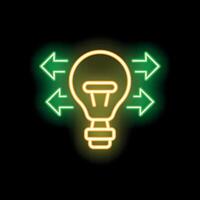 Neon icon of light bulb surrounded by arrows representing brainstorming vector