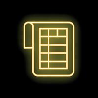 Yellow neon icon of spreadsheet document showing cells vector