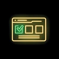 Neon icon of website with check mark in checkbox showing completed task vector