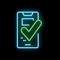 Neon icon of smartphone displaying validated checklist on dark background vector