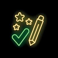 Neon pencil drawing check mark with stars for validation vector