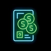 Neon green dollar coins over smartphone screen showing mobile banking app interface vector