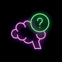 Neon style illustration of brain with question mark representing thinking process vector