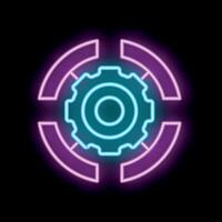 Neon icon of gear wheel working inside a circle on black background vector