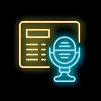 Neon icon of microphone recording voice message, podcast, or audiobook vector