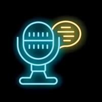 Neon microphone icon glowing with speech bubble on black background vector