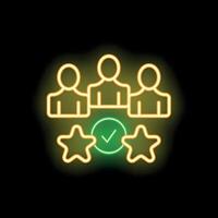 Neon icon of three people getting positive feedback with stars and check mark vector
