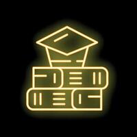 Neon sign representing graduation cap resting on books for education and knowledge concept vector