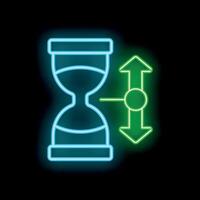 Neon icon of hourglass with up and down arrows showing time management concept vector