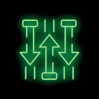 Green neon sign showing up and down arrows with lines on black background vector