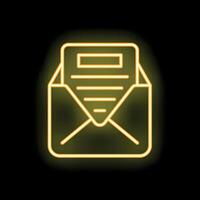 Neon yellow open envelope with letter sticking out on black background vector